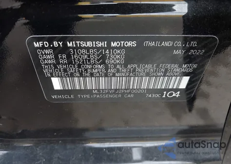 2023 Mitsubishi Mirage G4 Se из США, поврежденный, VIN ML32FVFJ2PHF00201